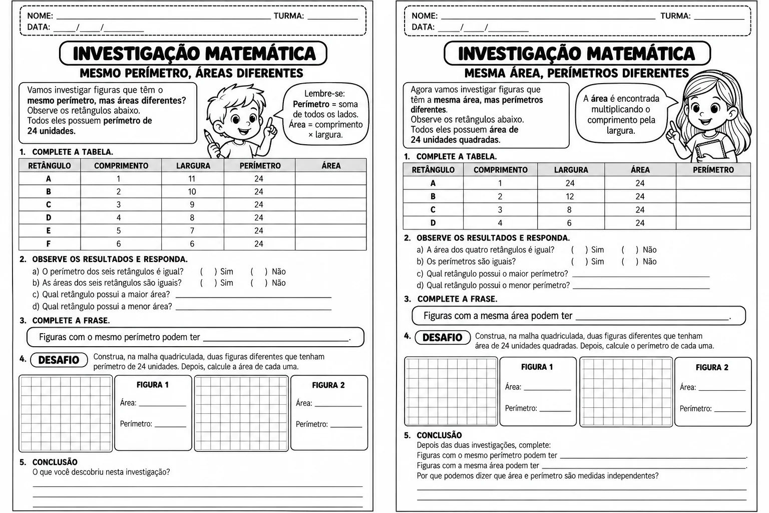 Atividades de Área, Perímetro e Volume – 4º e 5º Ano — amostra 4: Atividades de Matemática sobre área, perímetro e volume…