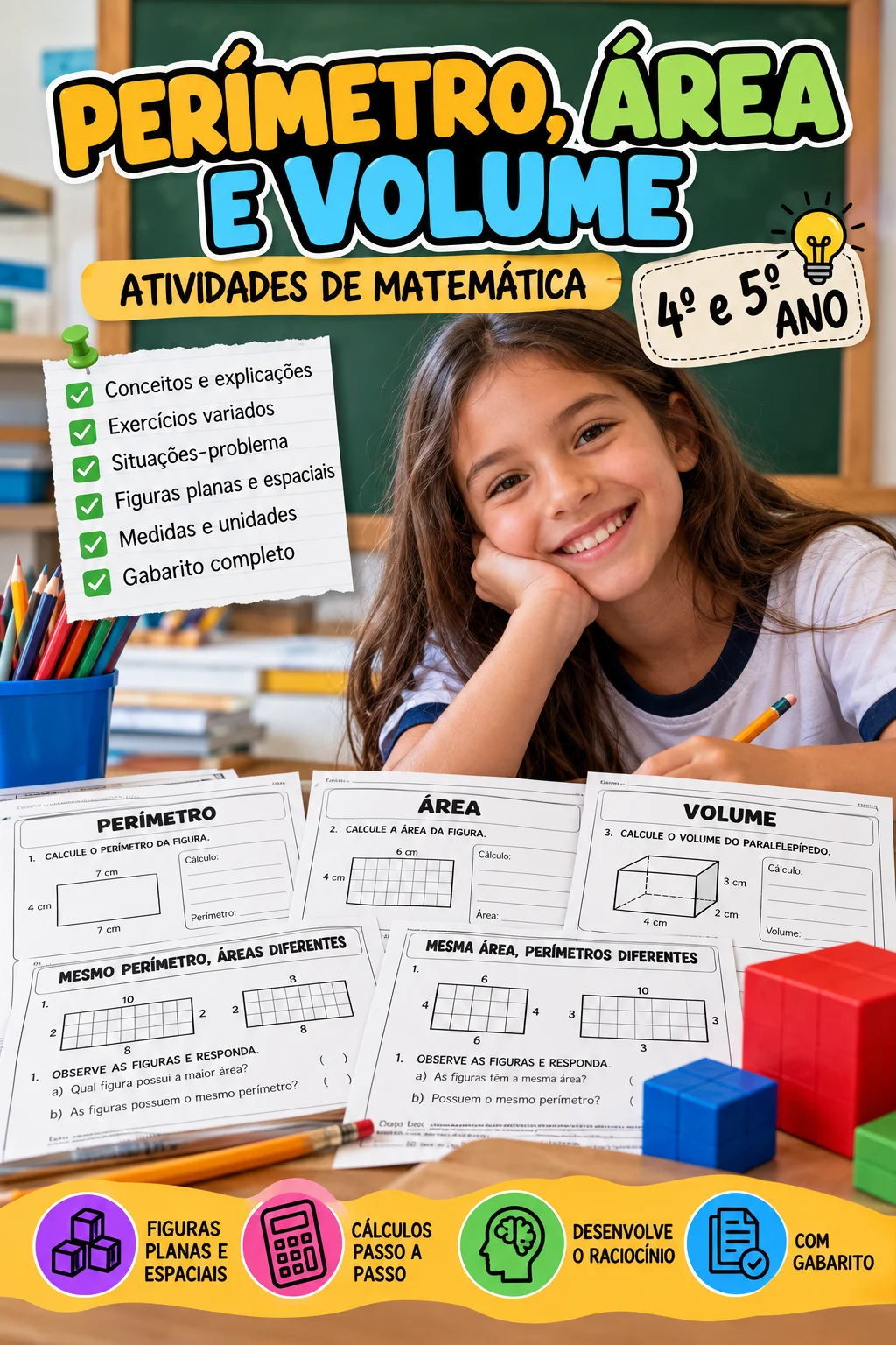 Atividades de Área, Perímetro e Volume – 4º e 5º Ano — capa do material