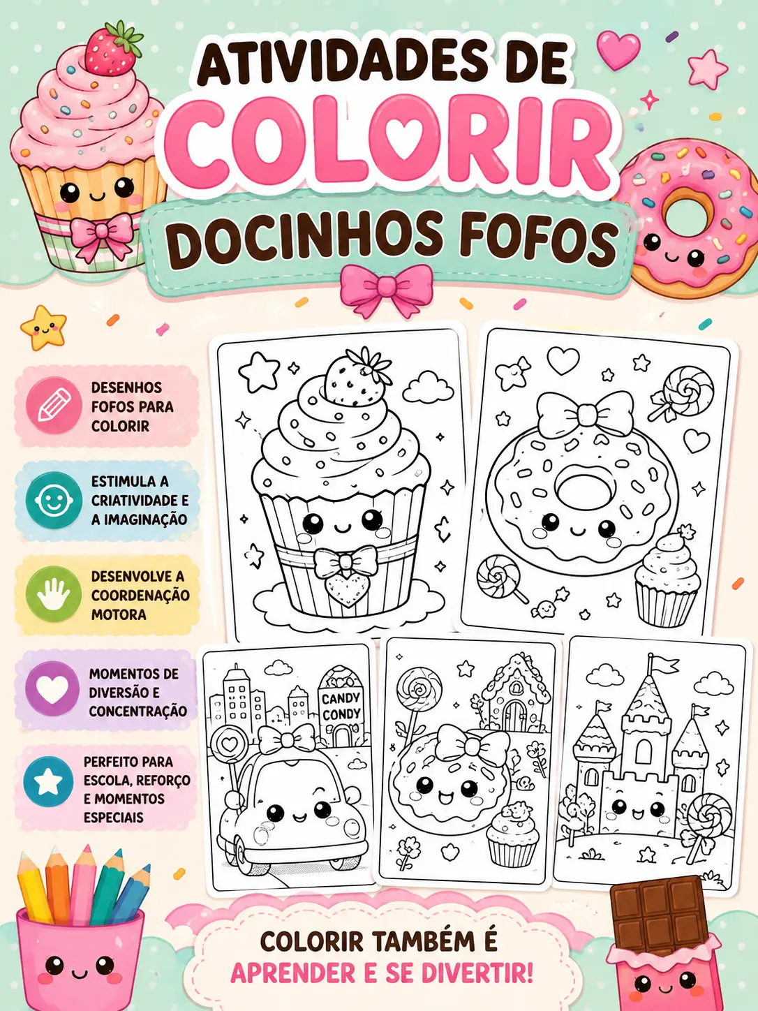 🍭🧁 ATIVIDADES DE COLORIR – DOCINHOS FOFOS 🍩💕 — capa do material