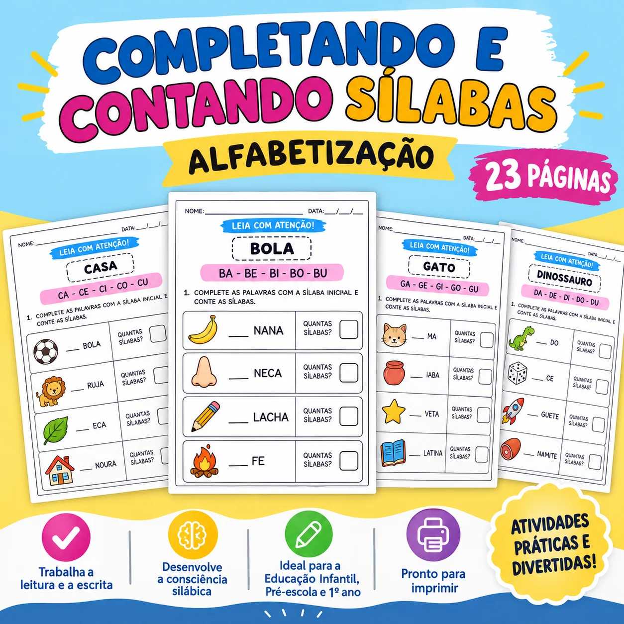 Atividades de Completar e Contar Sílabas alfabetização — Alfabetização para Educação Infantil: 23 páginas de atividades de…