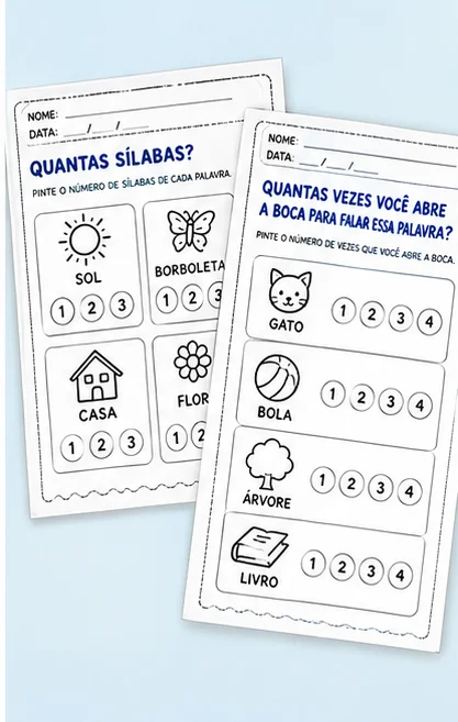 Atividades de Contagem de Sílabas para Imprimir — amostra 1: Atividades de contagem de sílabas para imprimir, estimulando a…