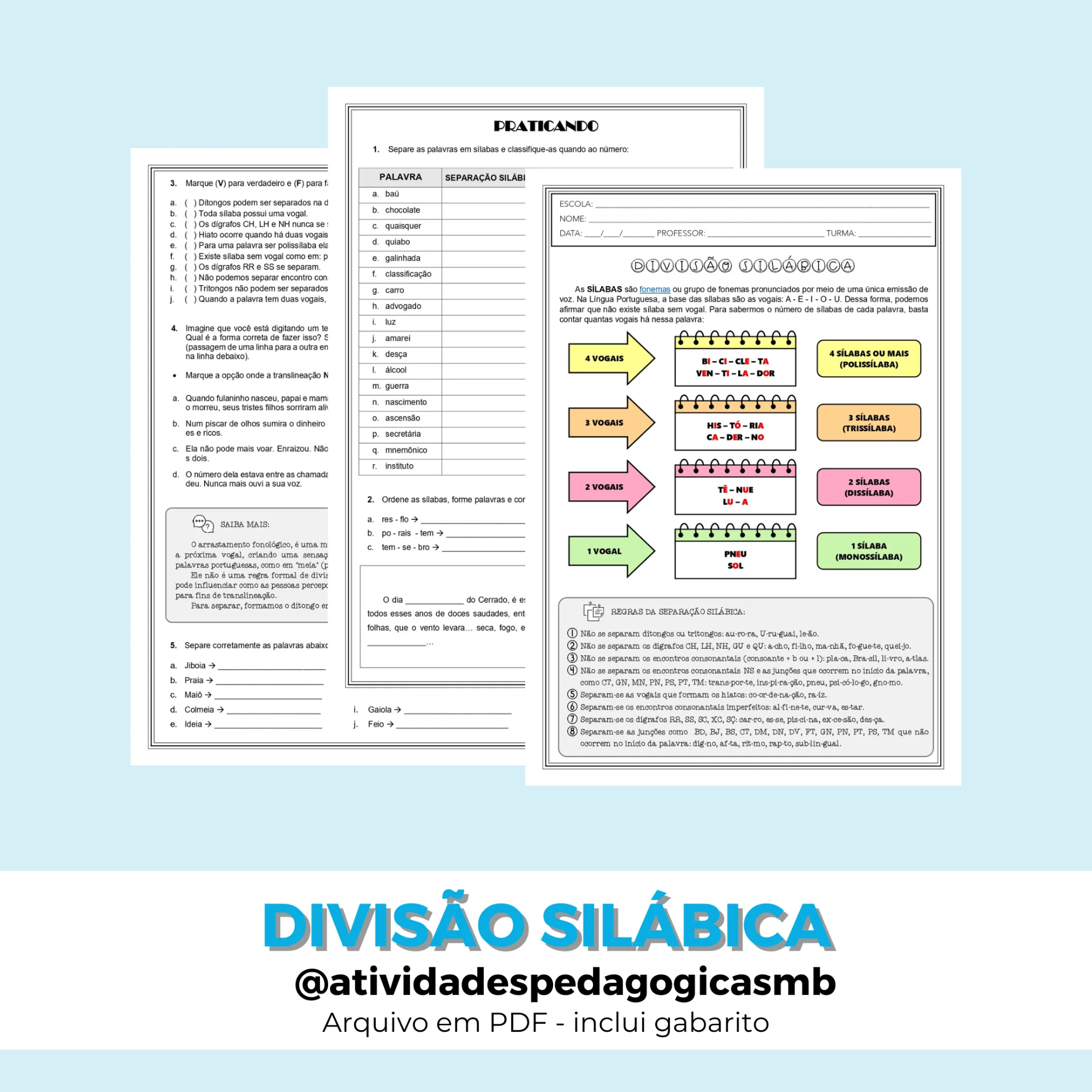 Atividades de Divisão Silábica - FONOLOGIA (PDF) — Português para Todas as séries: Atividades de divisão silábica com…