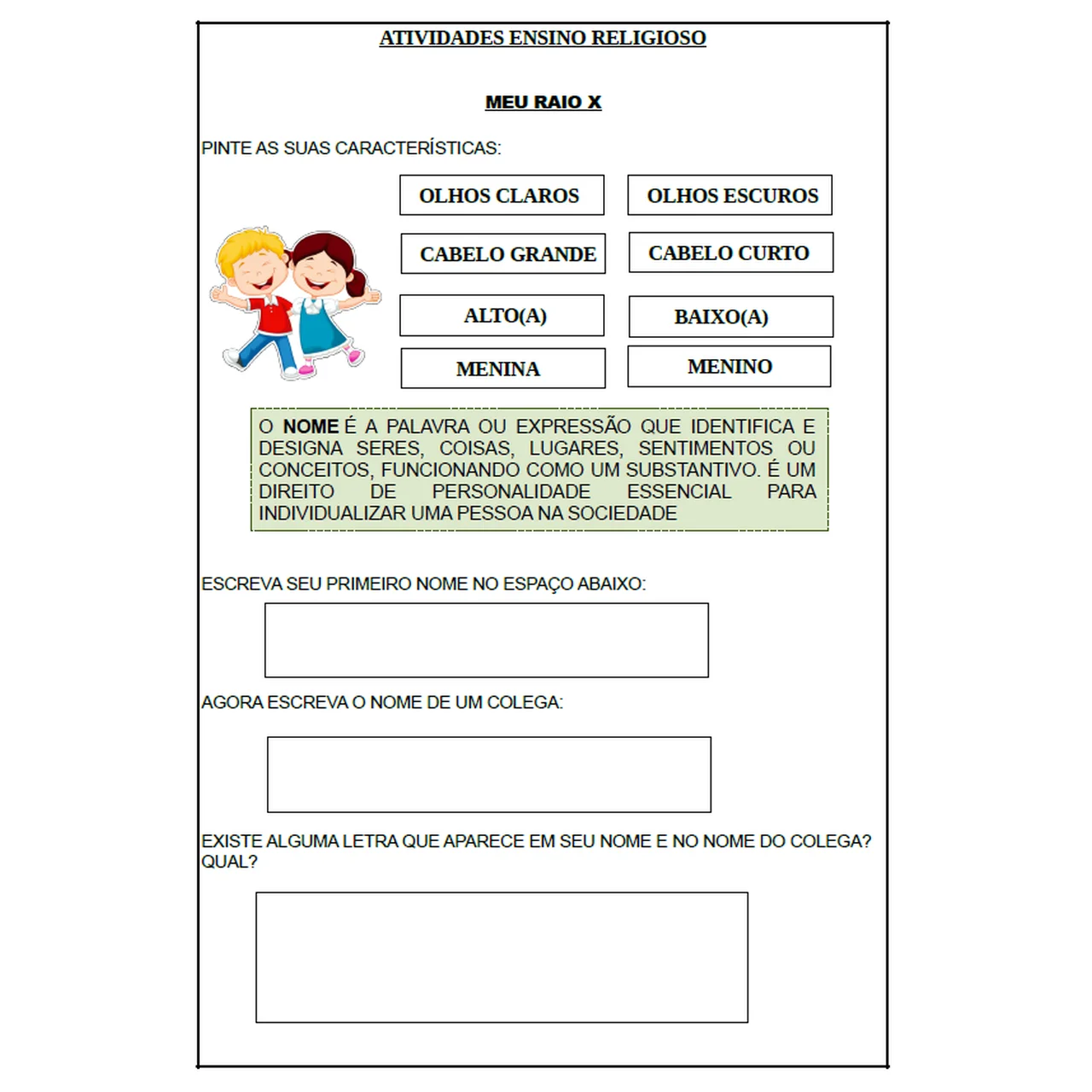 ATIVIDADES DE ENSINO RELIGIOSO 1º ANO DE ACORDO COM A BNCC. — amostra 2: HABILIDADES DESENVOLVIDAS: