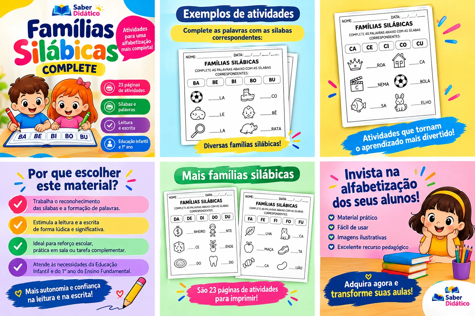 Atividades de Famílias Silábicas para Alfabetização — amostra 1: Material de alfabetização com 23 páginas de atividades…
