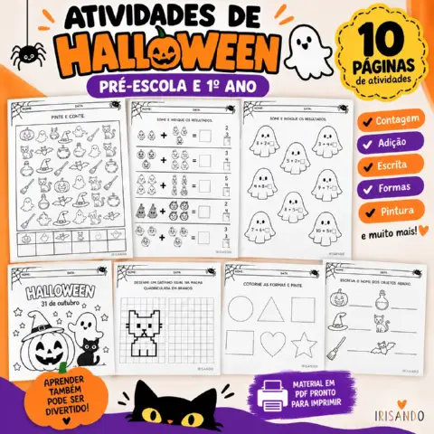 Atividades de Halloween – Pré-escola e 1º Ano — amostra 1: 10 atividades de Halloween com contagem, adição, formas,…