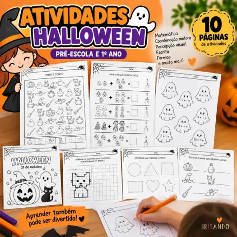 Atividades de Halloween – Pré-escola e 1º Ano — amostra 2: 10 atividades de Halloween com contagem, adição, formas,…