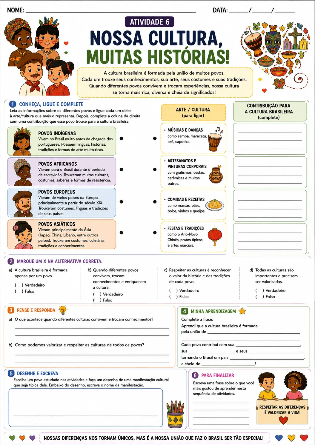 Atividades de História – 3º Ano Arte, Cultura e Diversidade dos Povos — amostra 4: Sequência com 6 atividades de História…