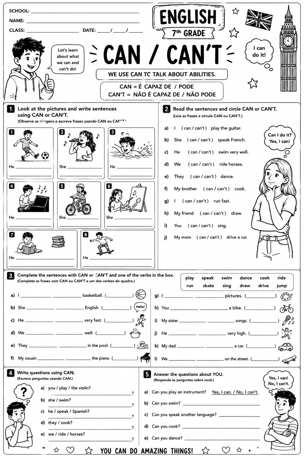 Atividades de Inglês 6º e 7º Ano Daily Routine, Body Parts e Can/Can’t — amostra 1: 6 atividades de Inglês para o 6º e 7º…