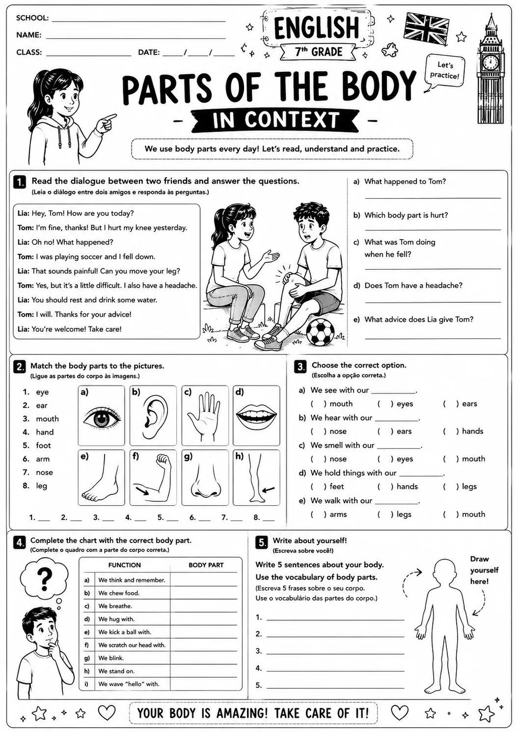 Atividades de Inglês 6º e 7º Ano Daily Routine, Body Parts e Can/Can’t — amostra 2: 6 atividades de Inglês para o 6º e 7º…
