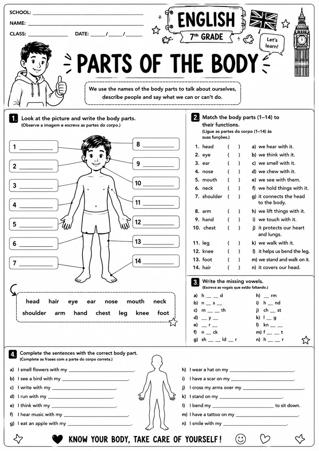 Atividades de Inglês 6º e 7º Ano Daily Routine, Body Parts e Can/Can’t — amostra 3: 6 atividades de Inglês para o 6º e 7º…
