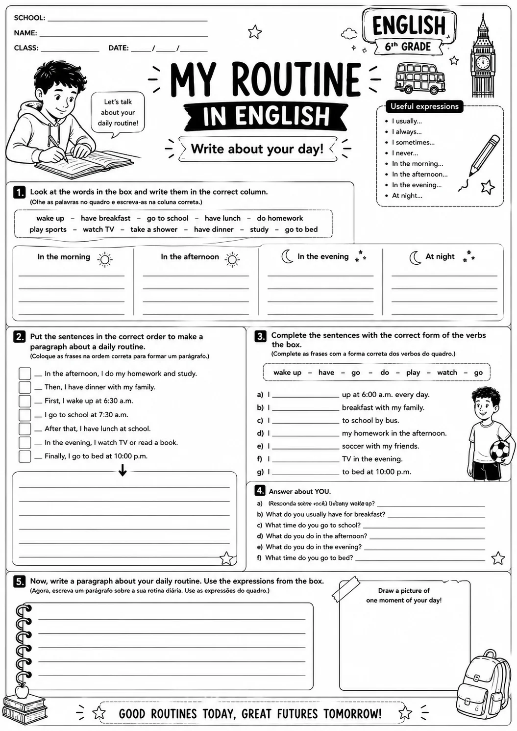 Atividades de Inglês 6º e 7º Ano Daily Routine, Body Parts e Can/Can’t — amostra 4: 6 atividades de Inglês para o 6º e 7º…