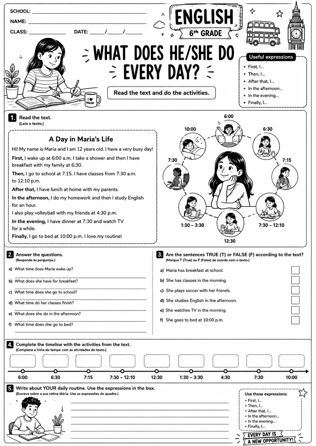 Atividades de Inglês 6º e 7º Ano Daily Routine, Body Parts e Can/Can’t — amostra 5: 6 atividades de Inglês para o 6º e 7º…