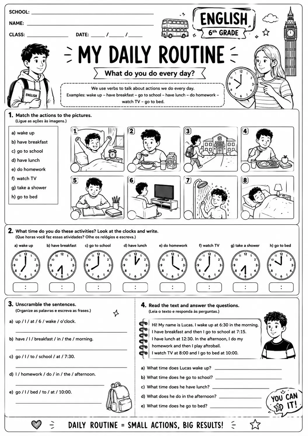 Atividades de Inglês 6º e 7º Ano Daily Routine, Body Parts e Can/Can’t — amostra 6: 6 atividades de Inglês para o 6º e 7º…