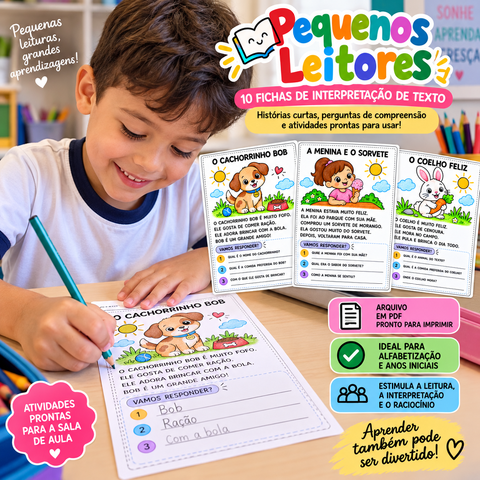 Atividades de Interpretação de Texto —  Fichas de Leitura e Compreensão Infantil — capa do material