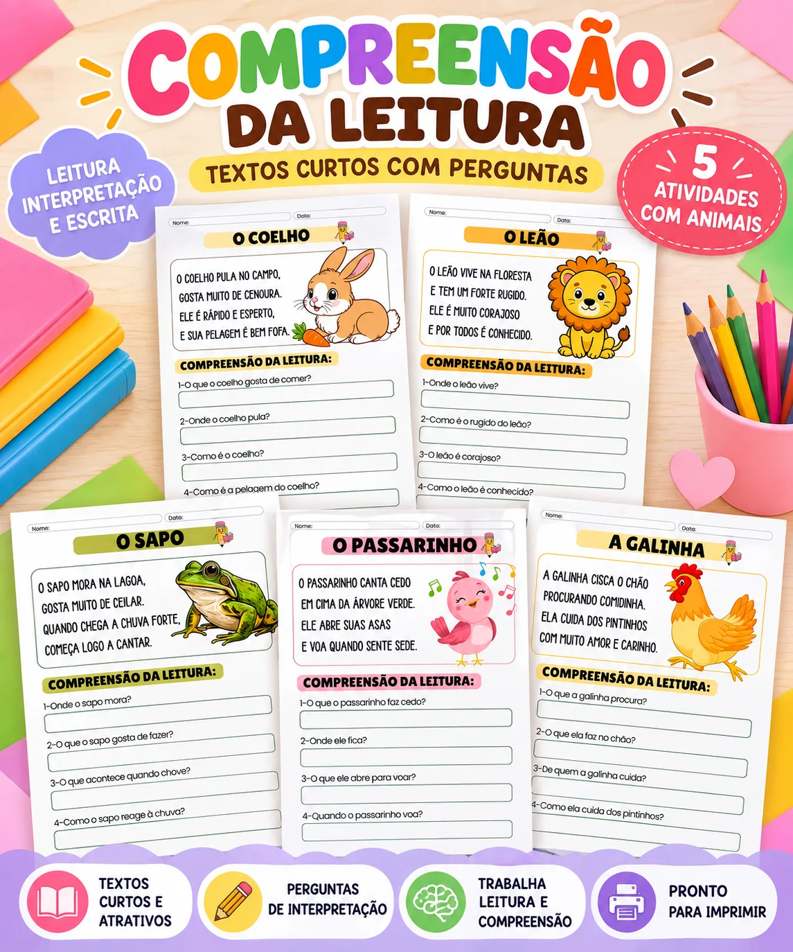Atividades de Leitura e Interpretação de Texto – 5 Textos com Animais — amostra 1: Kit com 5 atividades de compreensão da…