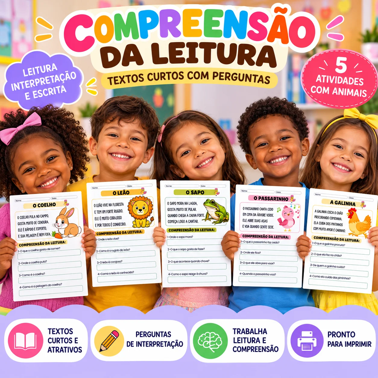 Atividades de Leitura e Interpretação de Texto – 5 Textos com Animais — capa do material