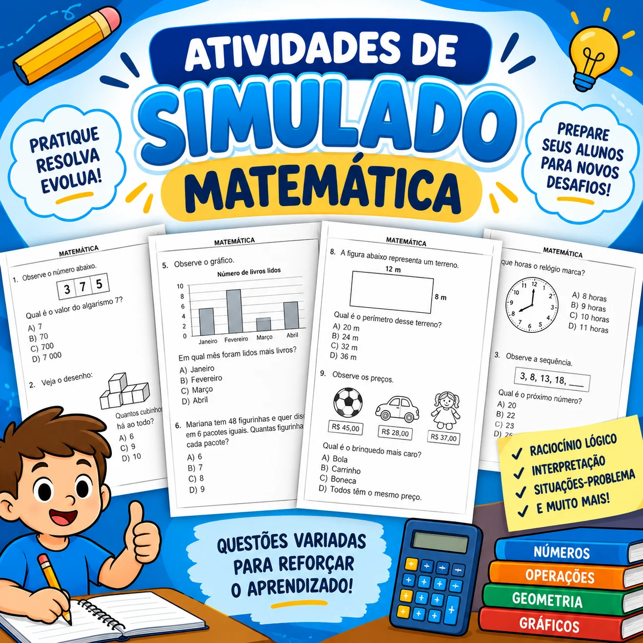 ATIVIDADES DE MATEMÁTICA - SIMULADOS DE AVALIAÇÕES — Alfabetização para 5º ano: Este material traz atividades elaboradas em…