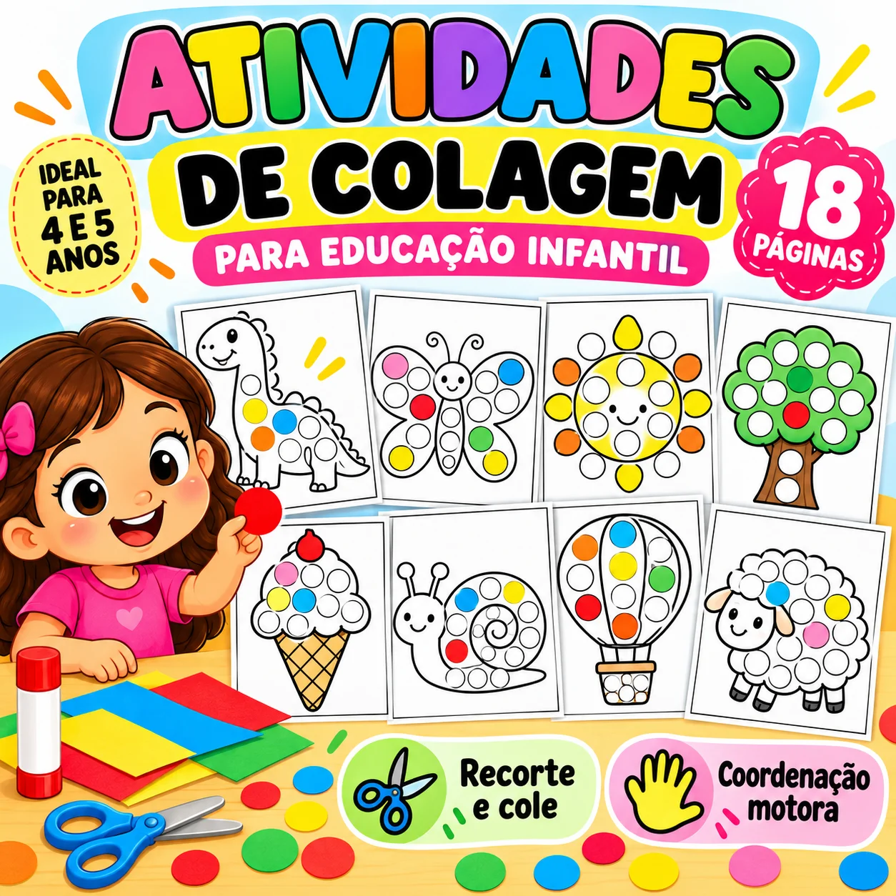 Atividades de Recorte e Colagem para Educação Infantil – 18 Páginas — capa do material