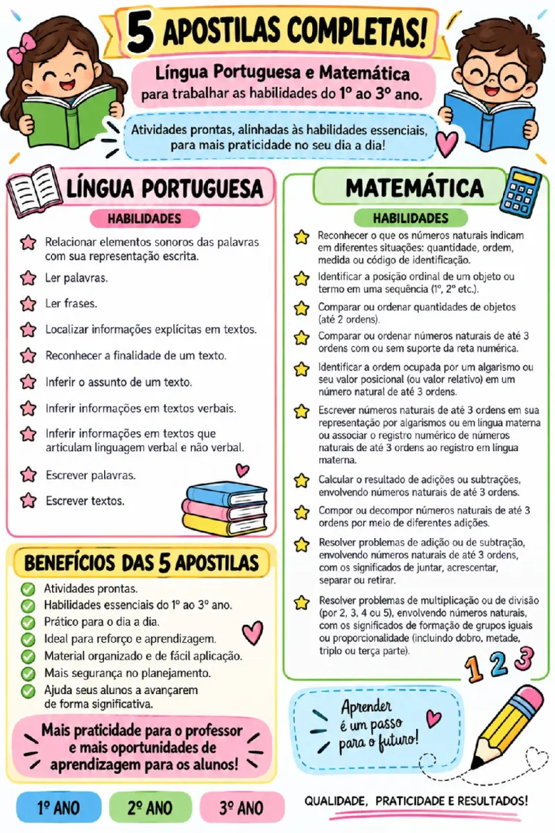 ATIVIDADES DE REFORÇO PARA A AVALIAÇÃO - AVALIA RJ 2º ANO — Matemática para 2º ano: 5 APOSTILAS COMPLETAS