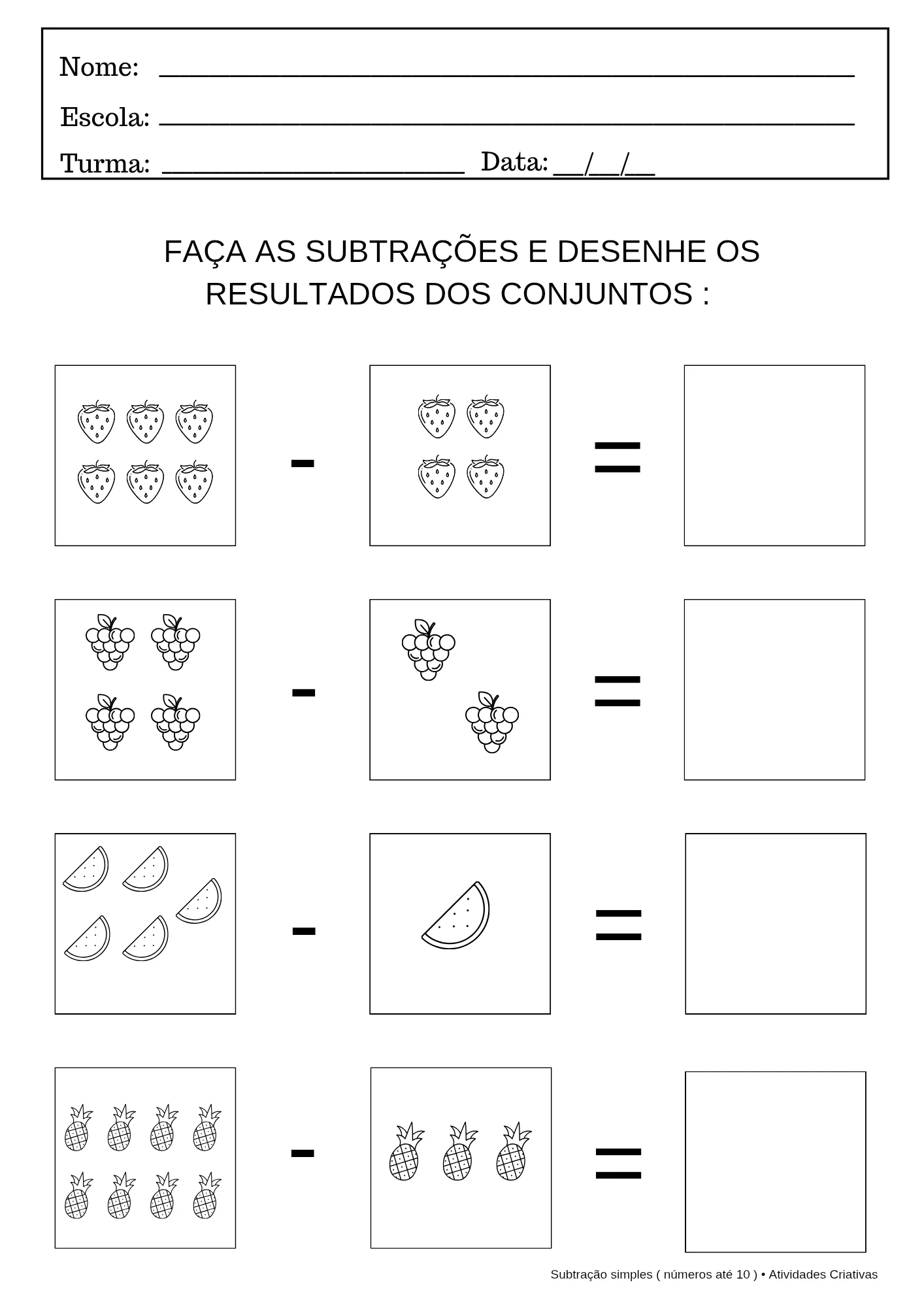 Atividades de Subtração Simples - 10 atividades — amostra 1: O material apresenta 10 atividades diferentes, permitindo que…
