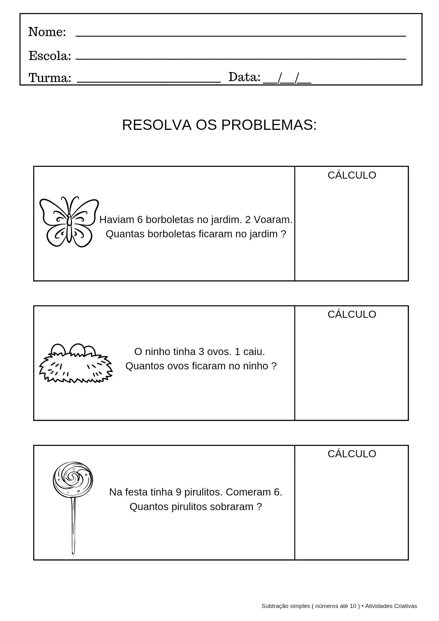 Atividades de Subtração Simples - 10 atividades — amostra 2: O Kit 10 Atividades de Subtração Simples foi elaborado para…