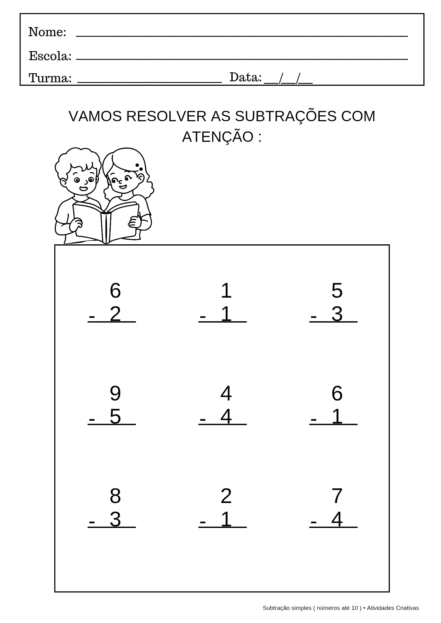 Atividades de Subtração Simples - 10 atividades — amostra 3: O Kit 10 Atividades de Subtração Simples foi elaborado para…