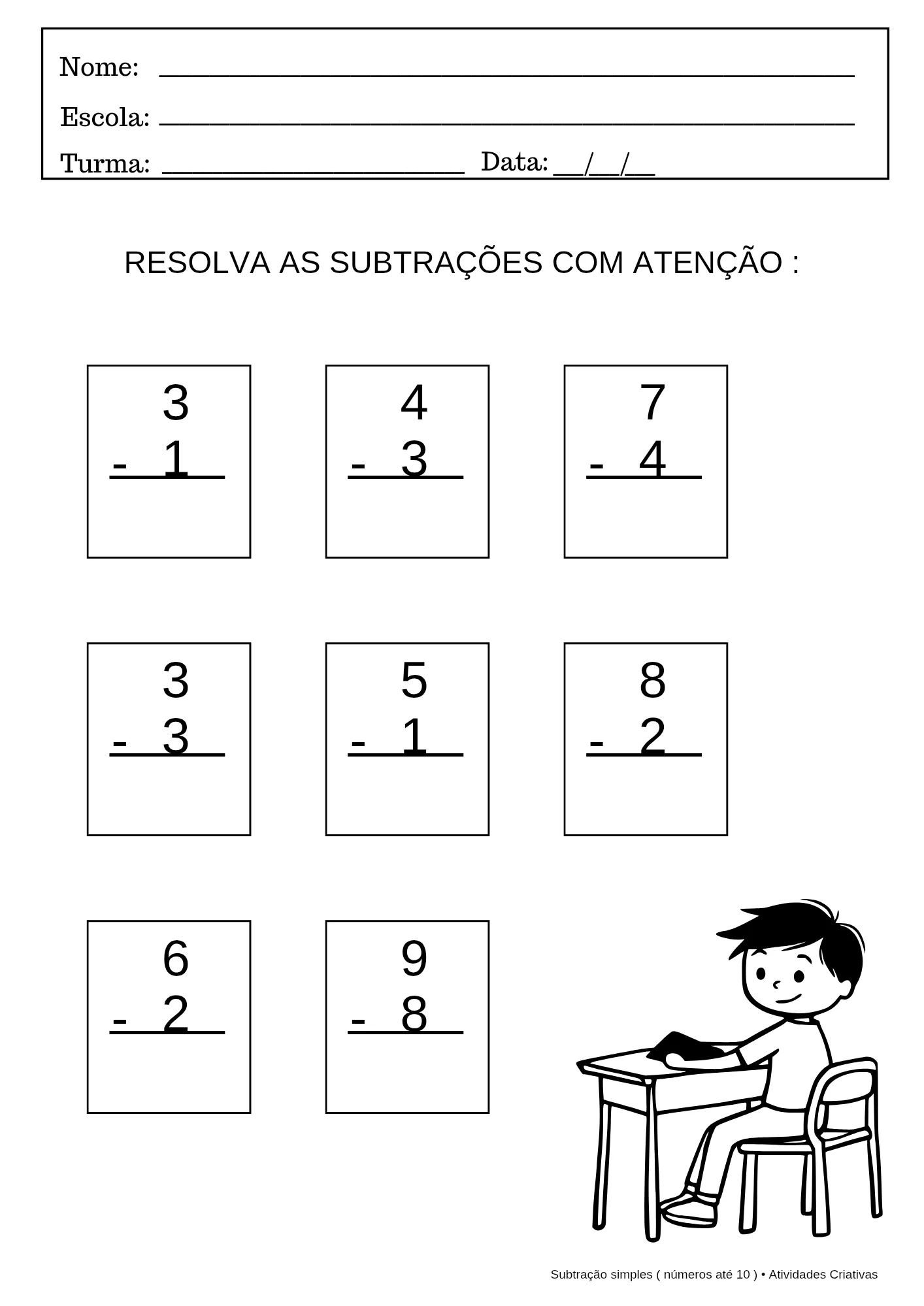 Atividades de Subtração Simples - 10 atividades — amostra 4: O Kit 10 Atividades de Subtração Simples foi elaborado para…