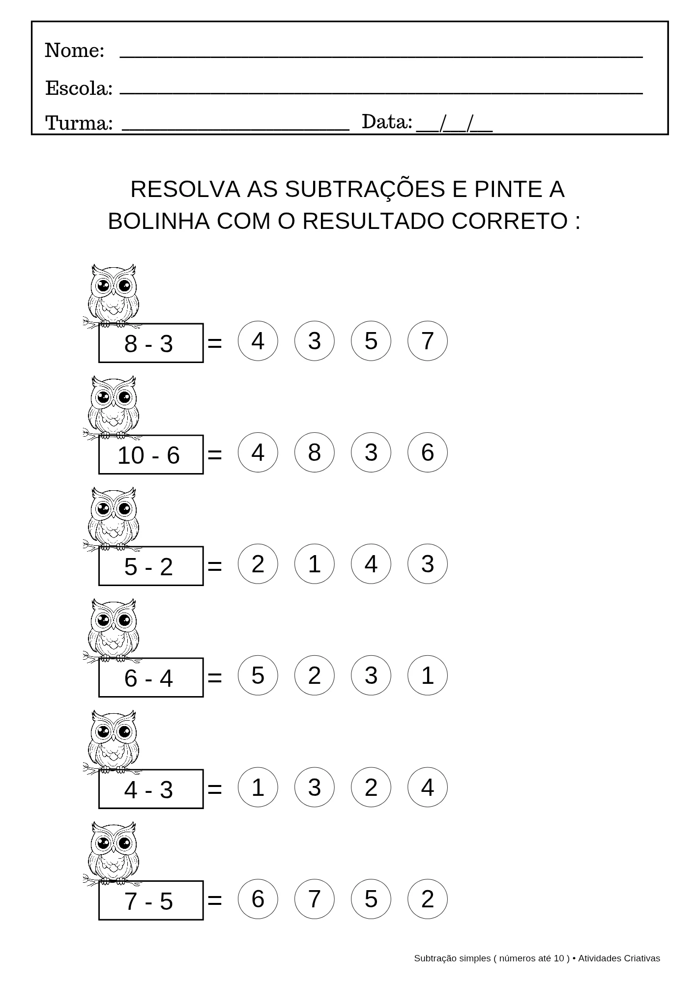 Atividades de Subtração Simples - 10 atividades — amostra 5: O Kit 10 Atividades de Subtração Simples foi elaborado para…