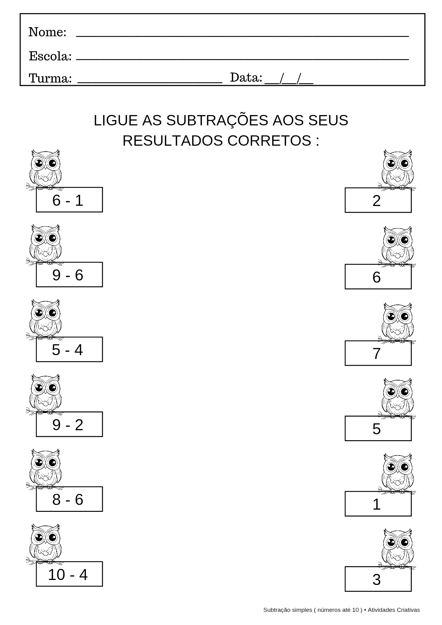Atividades de Subtração Simples - 10 atividades — amostra 6: O Kit 10 Atividades de Subtração Simples foi elaborado para…