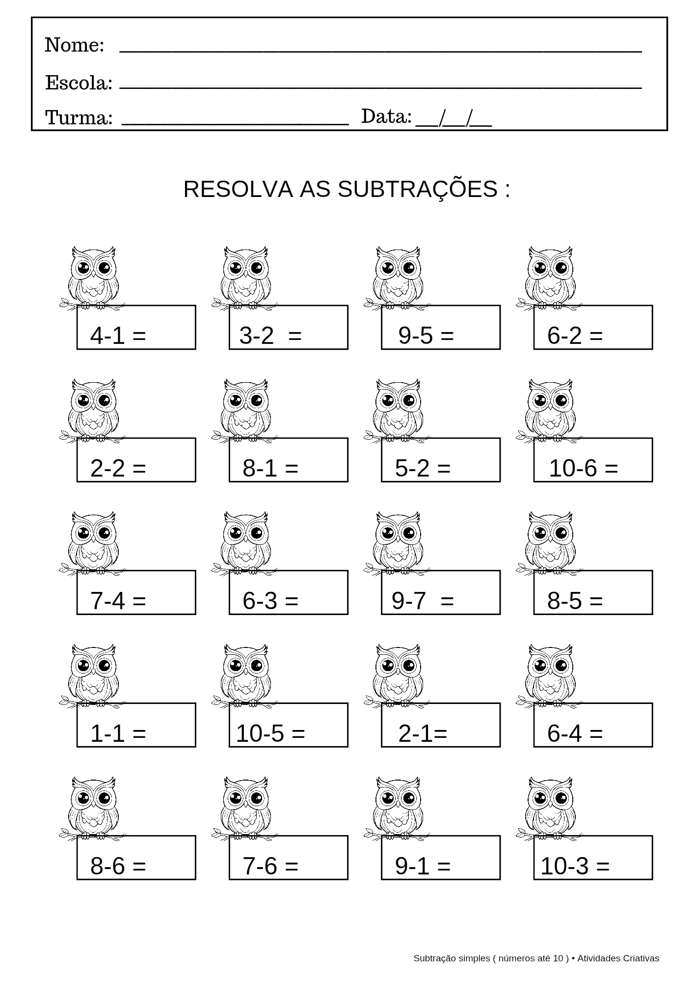 Atividades de Subtração Simples - 10 atividades — amostra 7: O Kit 10 Atividades de Subtração Simples foi elaborado para…