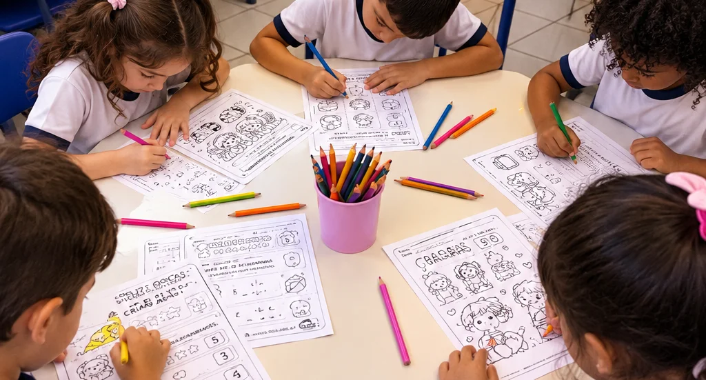 Atividades Dia das Crianças Colorir e Aprender — amostra 2: 1º e 2º ano Atividades lúdicas em preto e branco para colorir,…