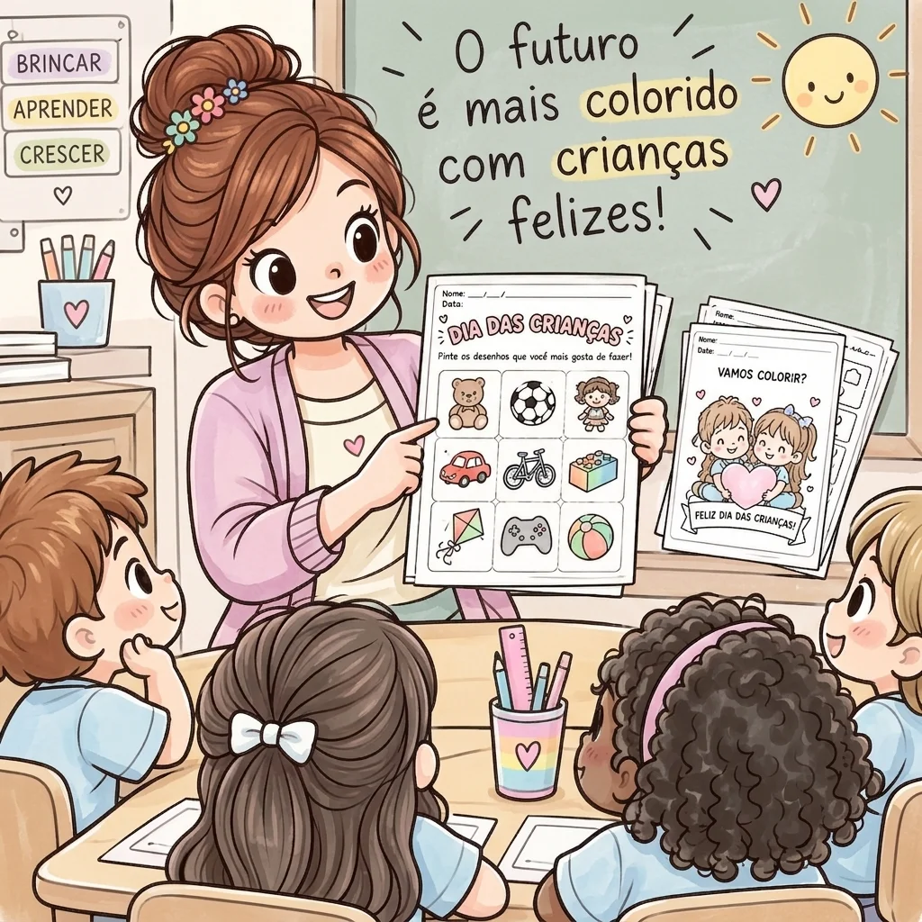 Atividades Dia das Crianças Colorir e Aprender — amostra 4: 1º e 2º ano Atividades lúdicas em preto e branco para colorir,…