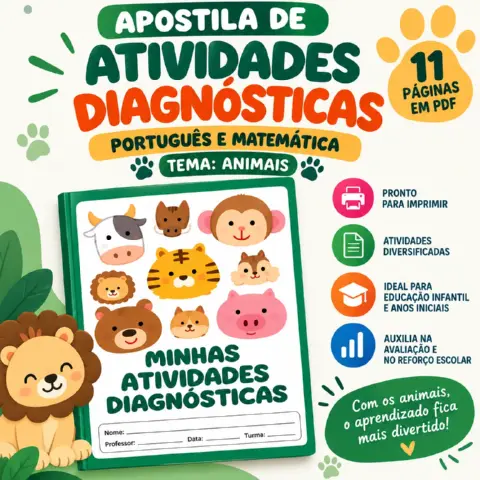 Atividades Diagnósticas - Português e Matemática |Tema Animais — amostra 2: Apostila lúdica com atividades diagnósticas de…