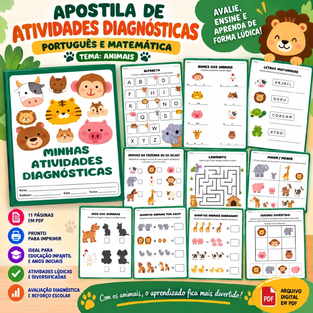 Atividades Diagnósticas - Português e Matemática |Tema Animais — Alfabetização para Educação Infantil: Apostila lúdica com…