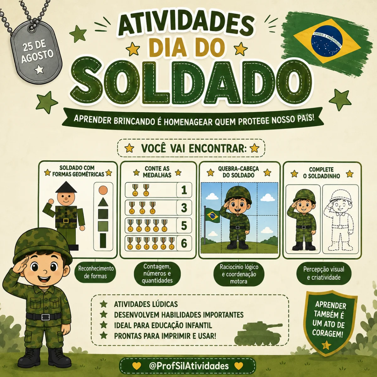 Atividades do dia do Soldado para pré-escola e alfabetização — amostra 1: Acompanha atividades: