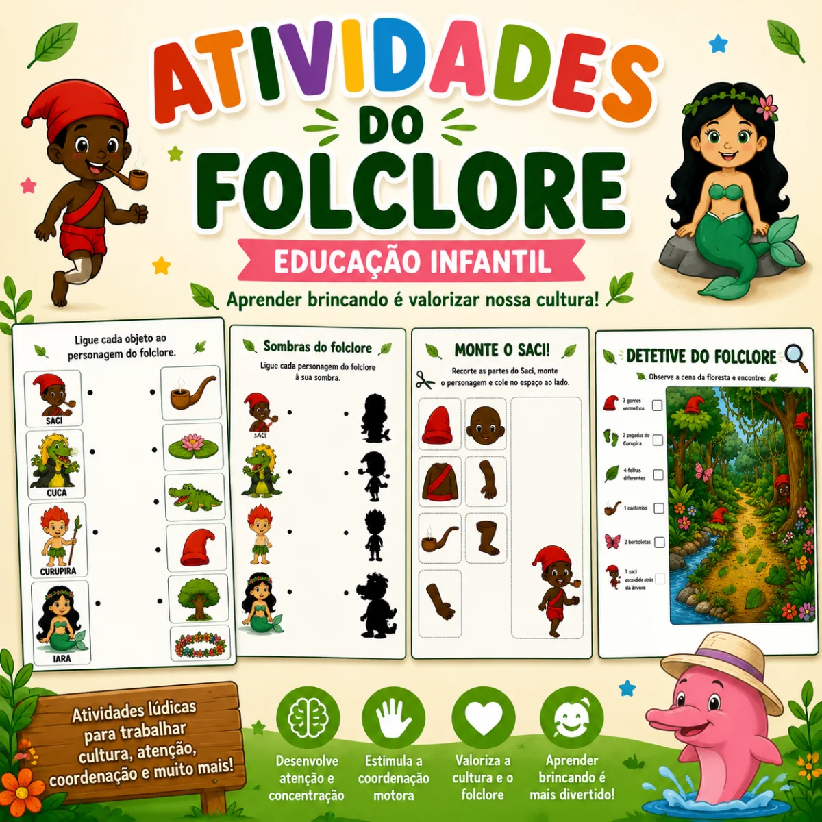 Atividades do Folclore para Educação Infantil — amostra 1: O material inclui: 🍃 Associação de personagens e objetos. 👤… Atividades do Folclore para Educação Infantil — amostra 1: O material inclui: 🍃 Associação de personagens e objetos. 👤…