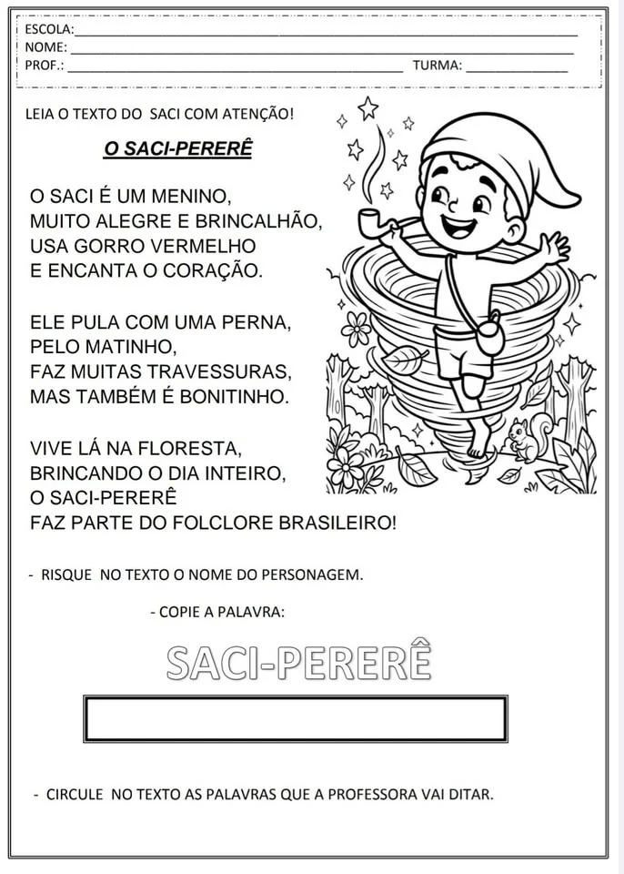 🚨🌿ATIVIDADES DO FOLCLORE – SACI-PERERÊ 🚨🧢🌿em PDF pronto para imprimir — amostra 1: Quer trabalhar o Folclore…
