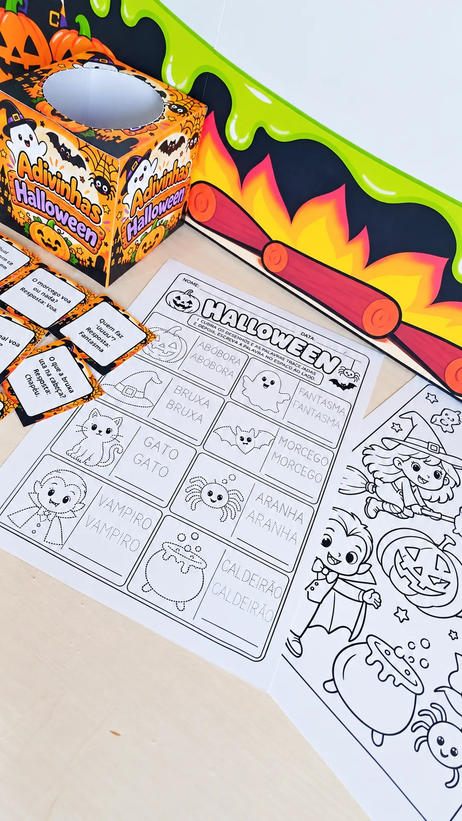 Atividades e Painel de Halloween Infantil PDF — amostra 5: Mini Kit Halloween com painel interativo em 9 folhas, caixinha…