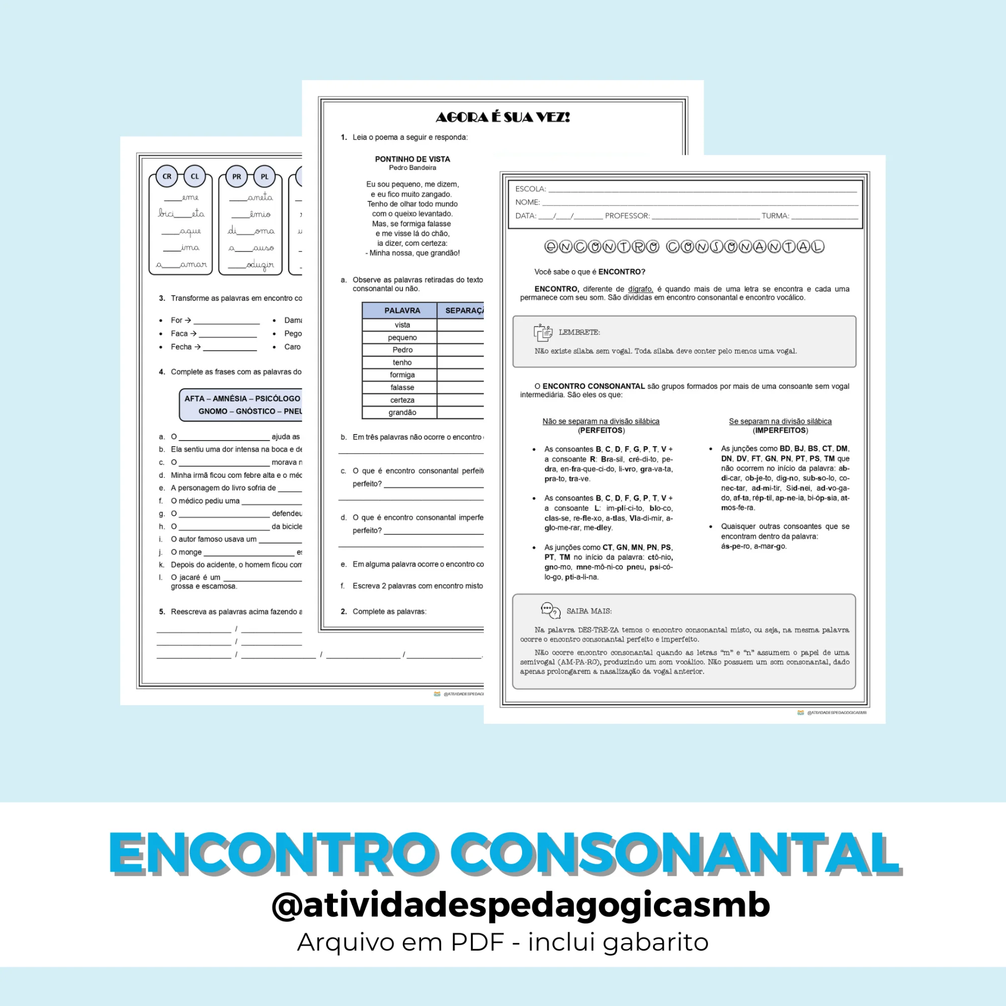 Atividades Encontro Consonantal - FONOLOGIA (PDF) — Português para 4º ano: Atividades de encontro consonantal com poema,…