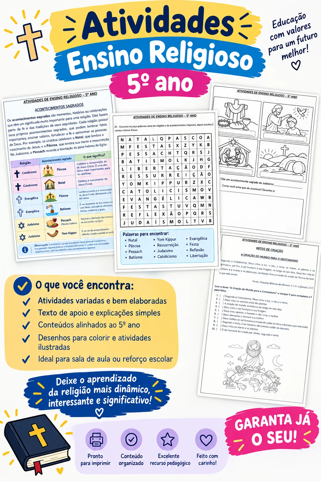 ATIVIDADES ENSINO RELIGIOSO 5º ANO (BNCC) — amostra 1: Apostila com atividades diversas de Ensino Religioso para o 5º ano…