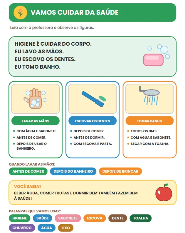 ATIVIDADES: HÁBITOS DE HIGIENE E SAÚDE - ALFABETIZAÇÃO INICIAL — amostra 2: O Caderno de Atividades – Hábitos de Higiene e…