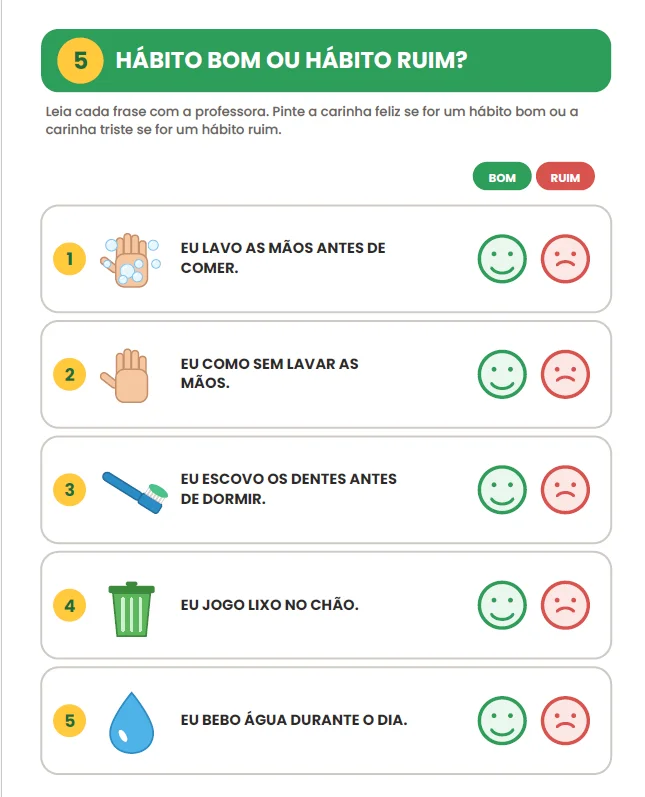 ATIVIDADES: HÁBITOS DE HIGIENE E SAÚDE - ALFABETIZAÇÃO INICIAL — amostra 7: O Caderno de Atividades – Hábitos de Higiene e…