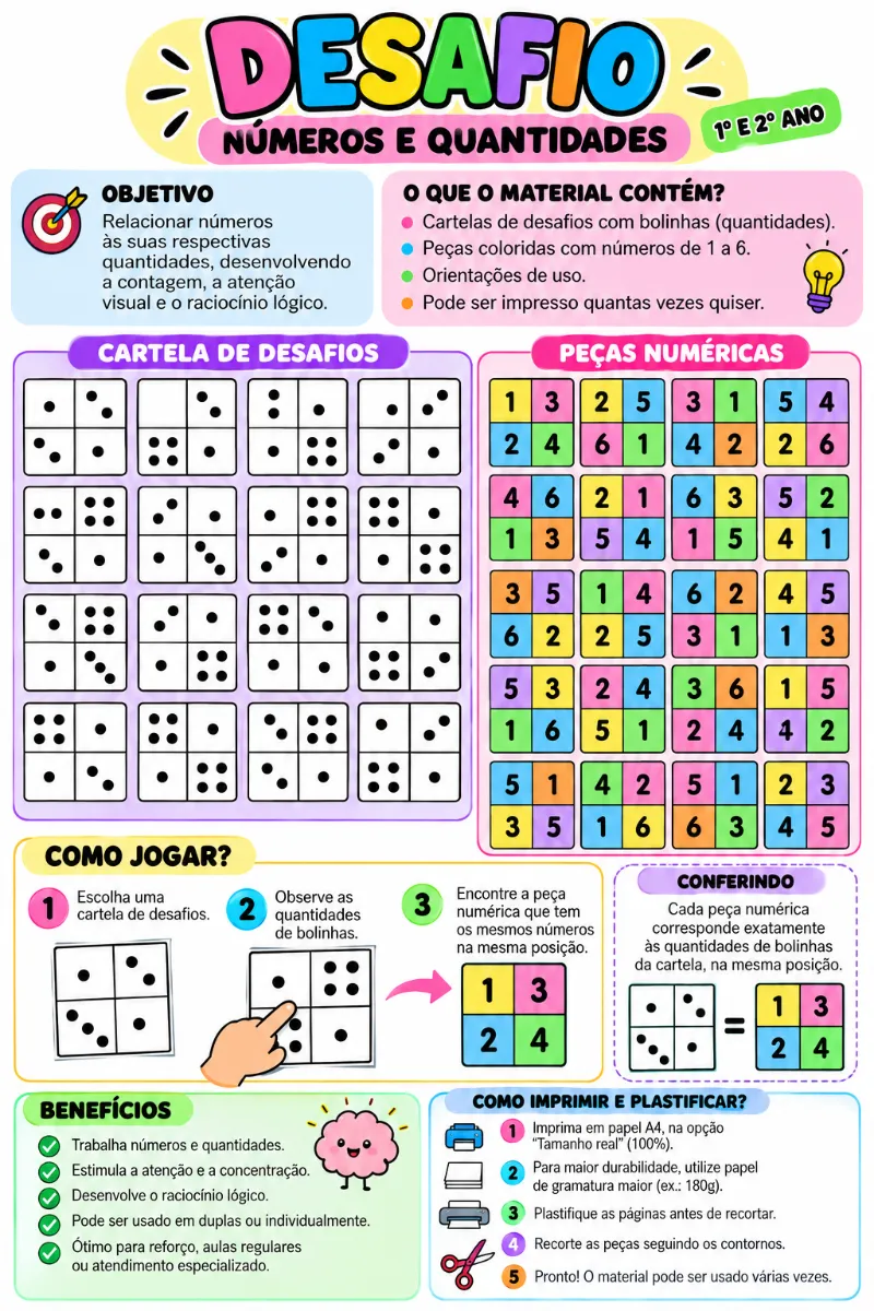 Atividades matemática, números e quantidades, atenção — Atividades para 1º ano: Jogo pedagógico para trabalhar números,…