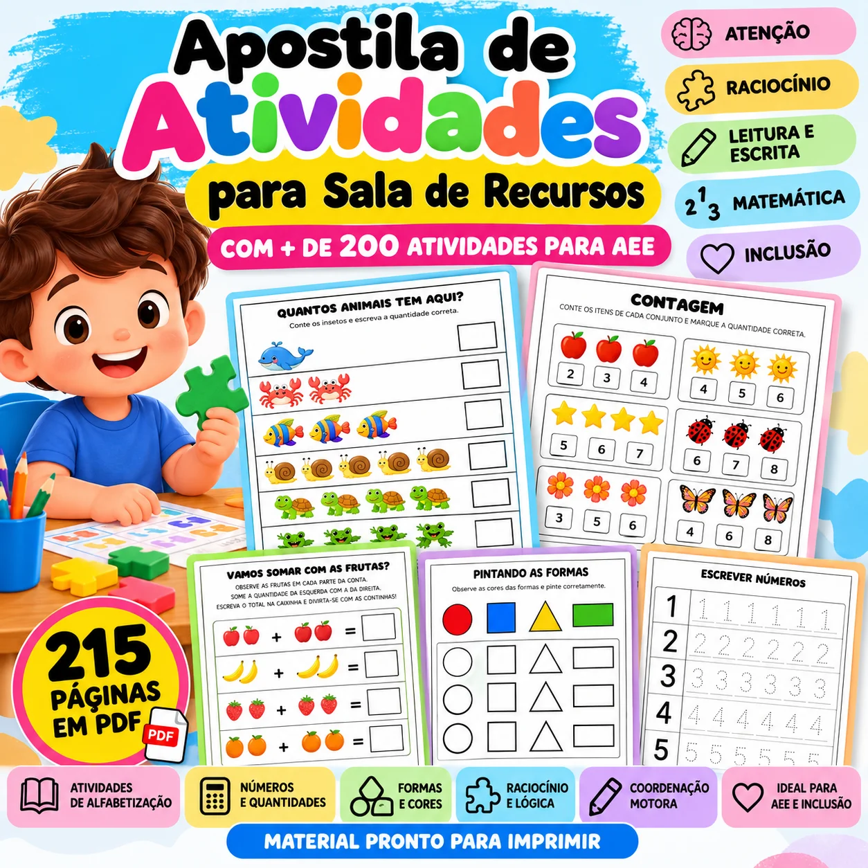 Apostila para Sala de Recursos AEE + 200 Atividades em PDF — Alfabetização para Educação Infantil: Mais de 200 atividades…