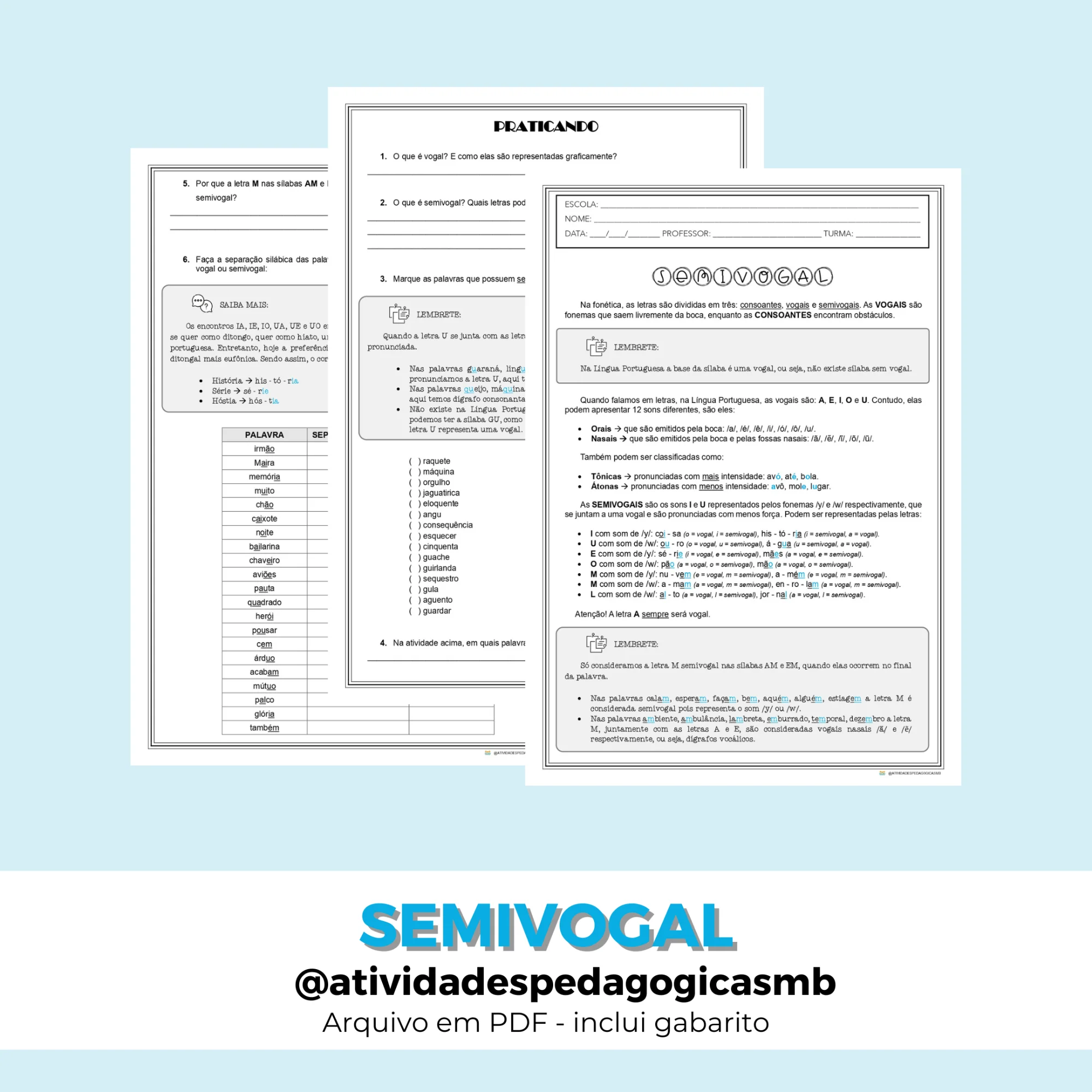 Atividades sobre Semivogais - FONOLOGIA (PDF) — capa do material