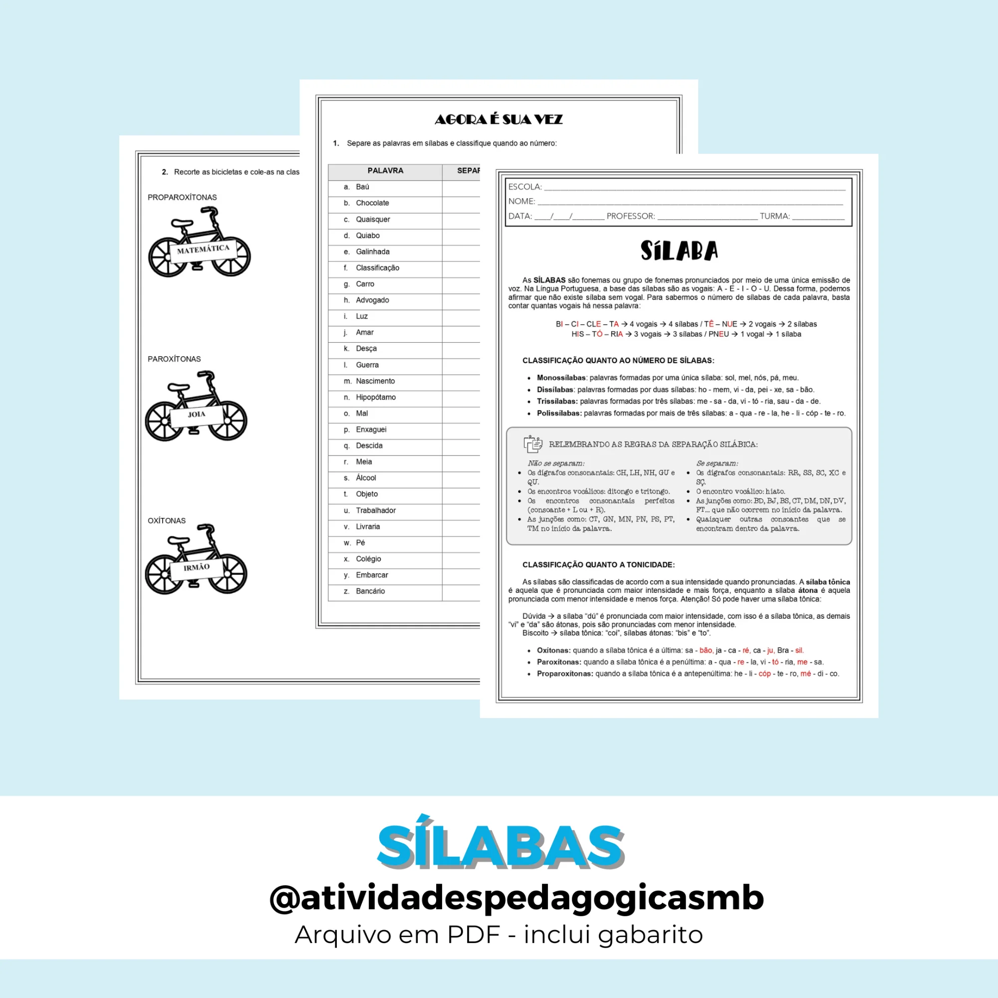 Atividades sobre Sílabas - FONOLOGIA (PDF) — capa do material