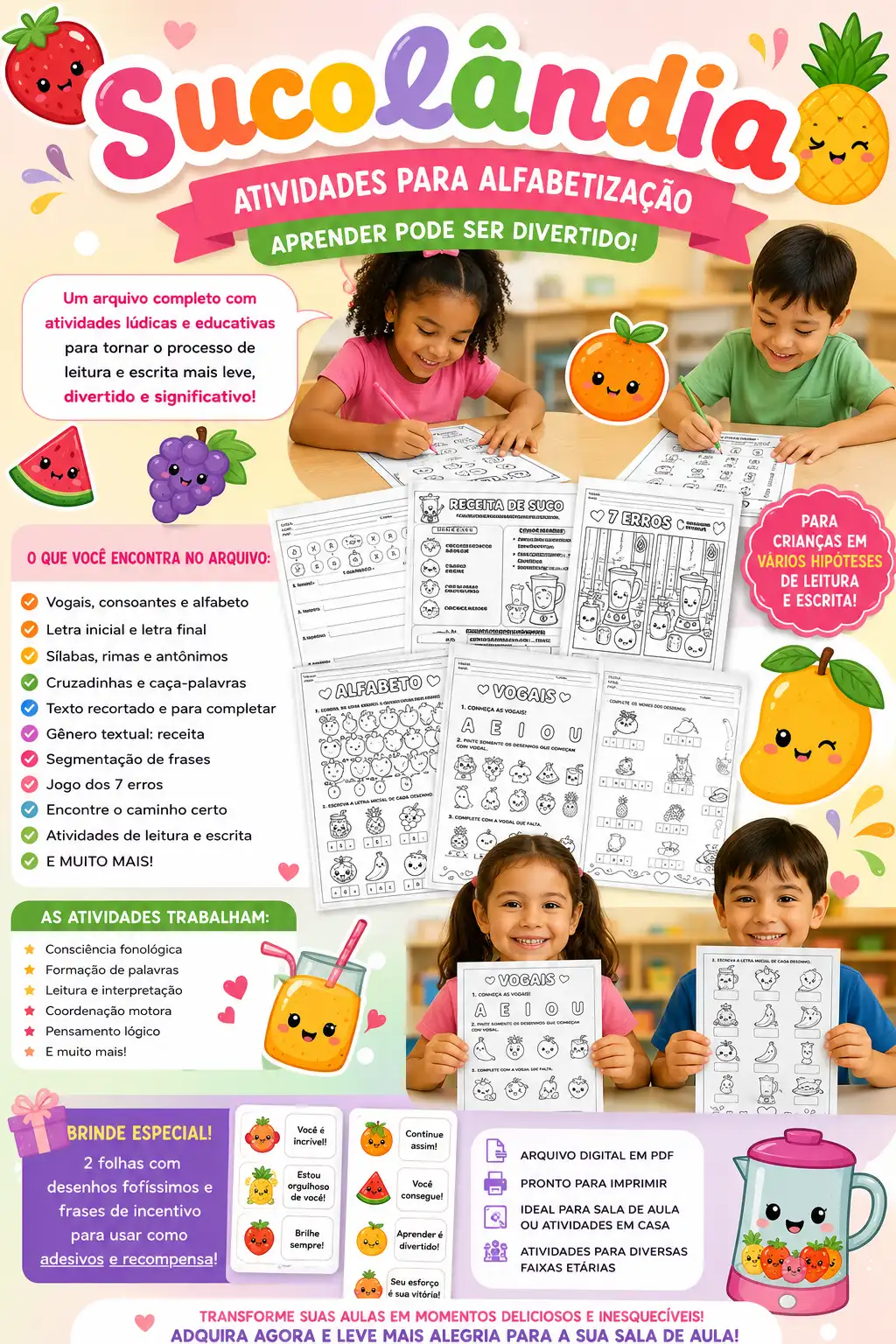 🍓🍍Atividades SUCOLÂNDIA – ALFABETIZAÇÃO DIVERTIDA!🍊🍇 PDF — capa do material