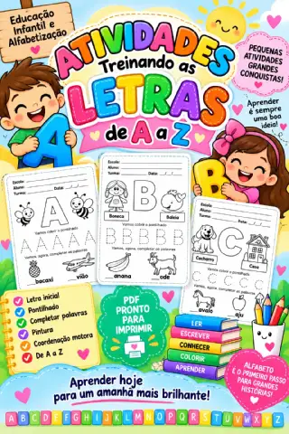 Atividades – Treinando as Letras de A a Z! Um material lúdico em PDF.🌈 ATIVIDADES – TREINANDO AS LETRAS DE A A Z 🔤 Descrição: 📚 Um divertido material de alfabetização para Educação Infantil, desenvolvido para ajudar as crianças a reconhecer, identificar e praticar as letras do A ao Z de forma lúdica e prazerosa. ✨ As atividades trabalham: 🔤 Reconhecimento das letras; ✏️ Traçado e pontilhado; 🧩 Identificação da letra inicial; 📝 Completar palavras; 🎨 Pintura e percepção visual; 🤲 Coordenação motora fina; 📖 Ampliação do vocabulário; 🔠 Prática das letras de A a Z. 💖 Pequenas atividades, grandes conquistas! Ideal para professores da Educação Infantil e alfabetização, com propostas simples, lúdicas e prontas para imprimir. (cópia) — capa do material