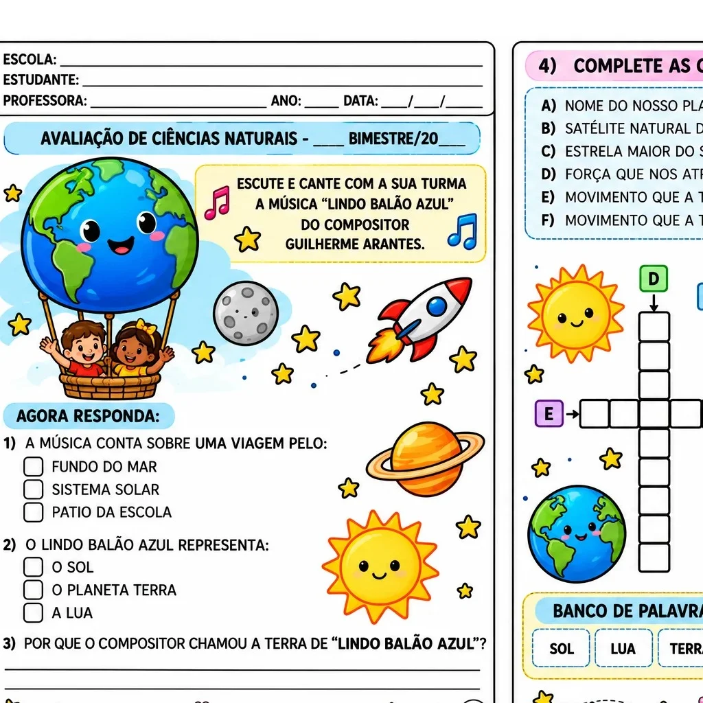 AVALIAÇÃO DE CIÊNCIAS NATURAIS - SISTEMA SOLAR — Alfabetização para Todas as séries: “Lindo Balão Azul” explora o planeta…