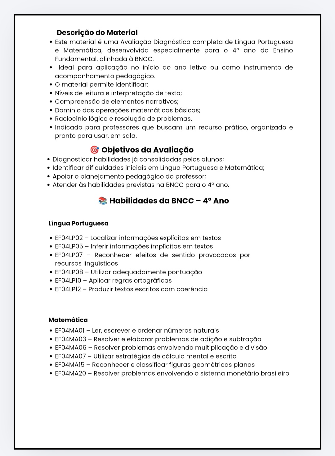 Avaliação Diagnóstica – 4º Ano Língua Portuguesa e Matemática — amostra 1: 📘 Avaliação Diagnóstica – 4º Ano